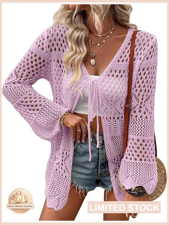 Sweaters - Crochet Cardigan Lightweight Long Sleeve Tie Front Boho Beach Coverup